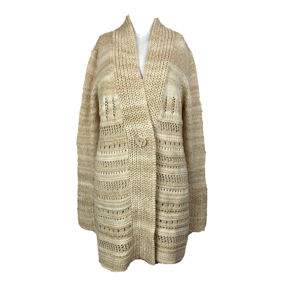 Coldwater Creek Womens Beige Chunky Open Knit Cotton Cardigan Sweater Sz M‎